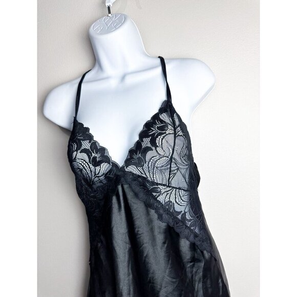 Satin Lace V Neck Sheer Lingerie Slip Dress Black Womens Medium - Picture 3 of 7
